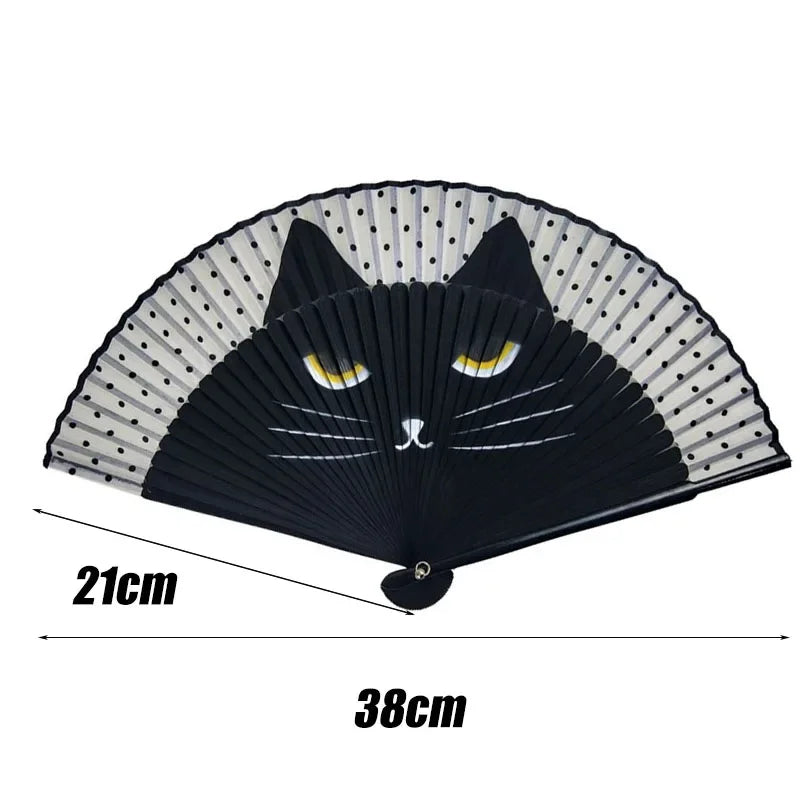 Éventail Pliant en Bambou Motif Chat - Style Japonais, Décoratif et Portable