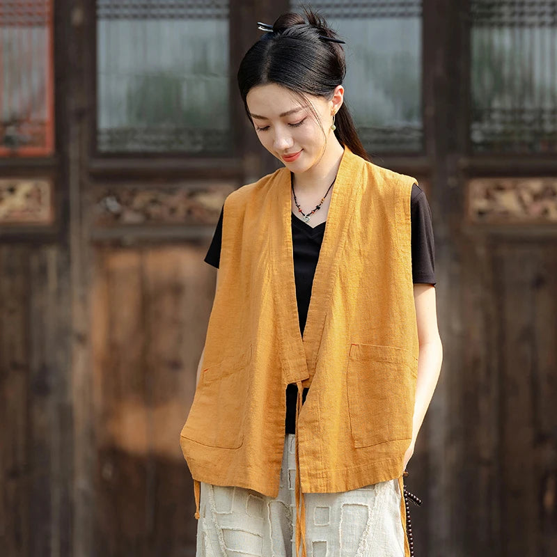 Cardigan Sans-Manche Femme V-Neck en Coton et Lin - Plusieurs Couleurs