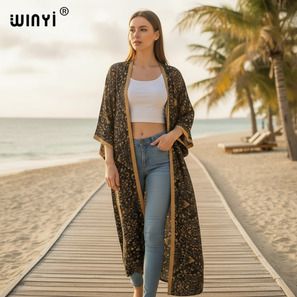 Kimono Long Bohème Imprimé Polyester Femme - Style Léger et Fleuri