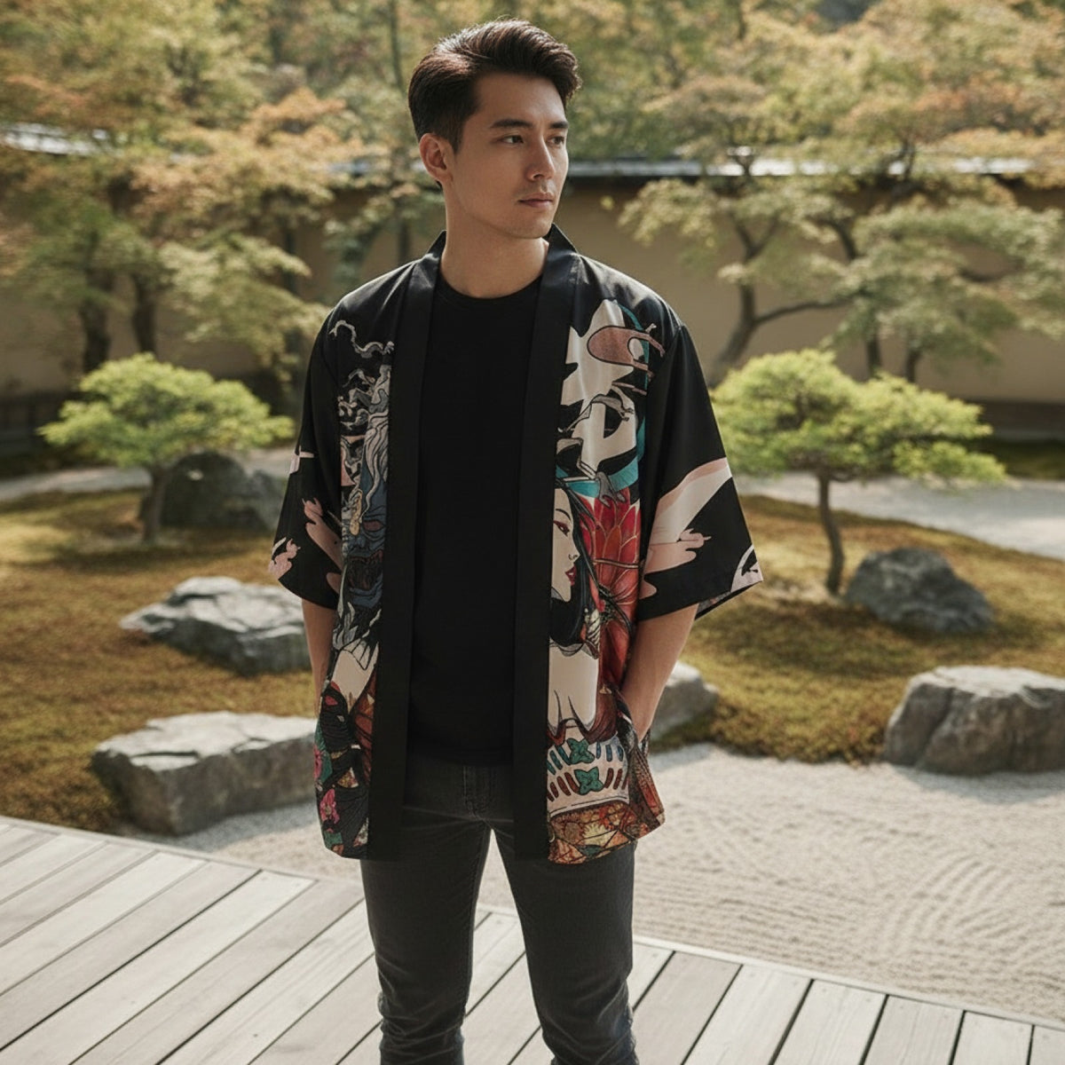 Kimono Court Polyester Motif Japonais EASTQUEEN