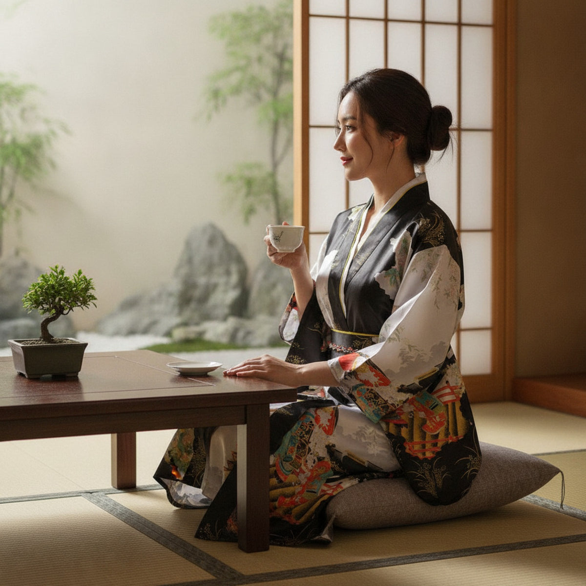 Kimono Japonais Femme Traditionnel en Satin Polyester - Taille Unique