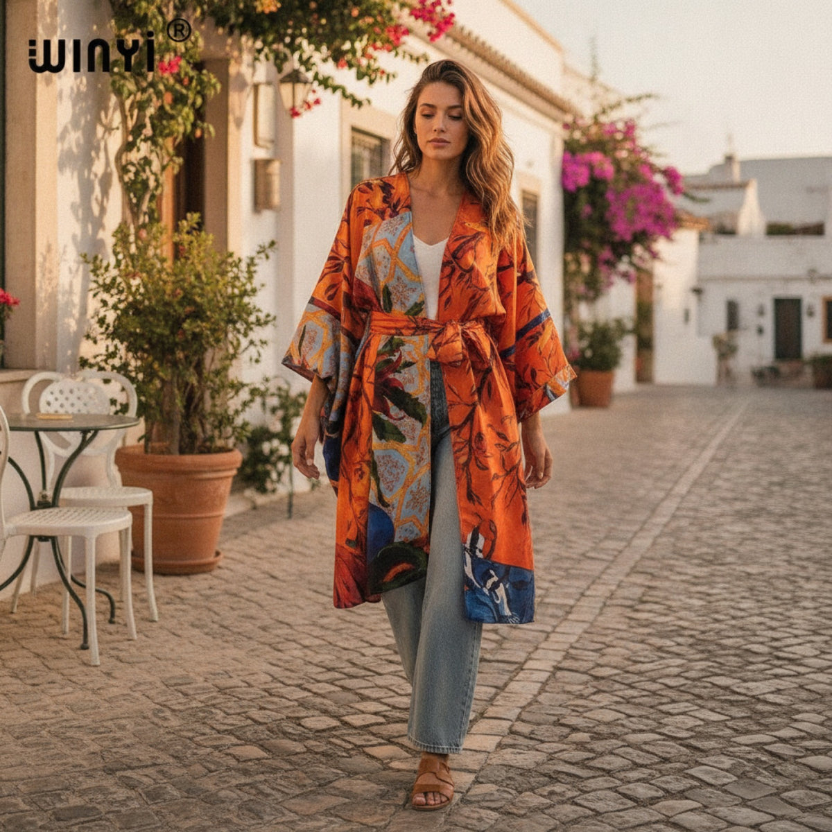 Kimono Long Bohème Imprimé Polyester Femme - Style Léger