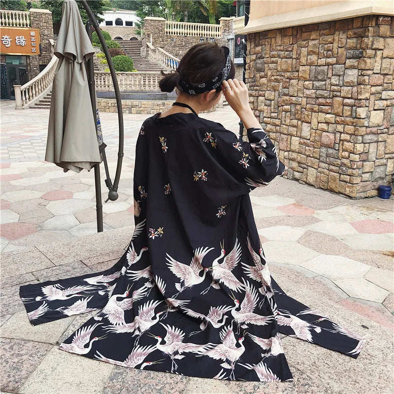 Kimono Court Polyester Motif Japonais Noir