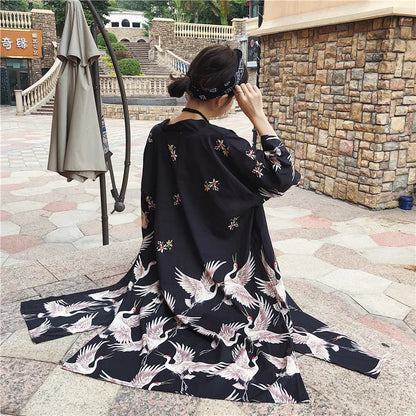 Kimono Court Polyester Motif Japonais Noir