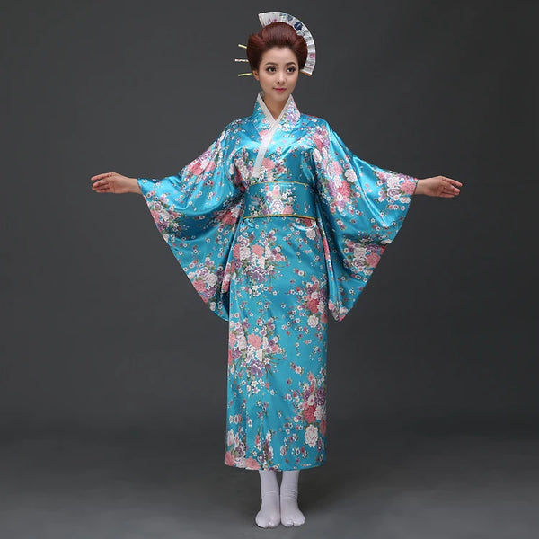 Kimono Femme Traditionnel Satiné Long Fleuri
