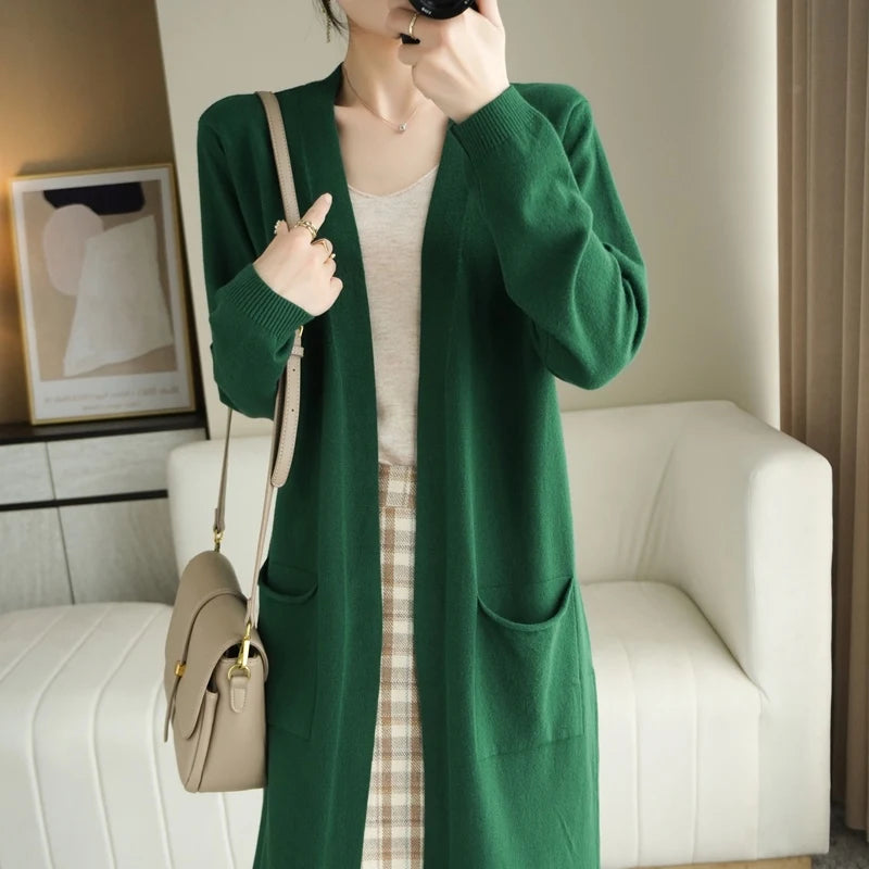 Gilet long en maille pour femme, avec poches