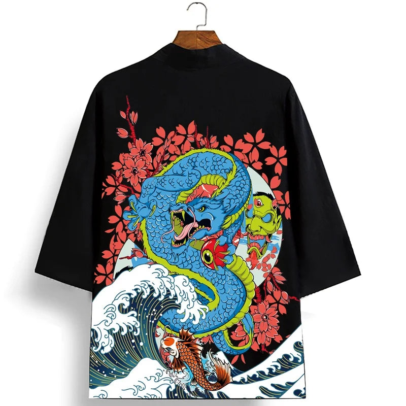 Kimono Court Polyester Motif Dragon Noir