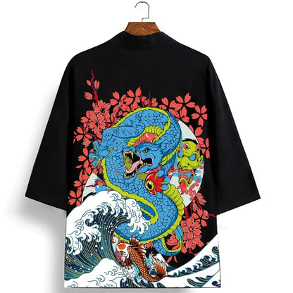 Kimono Court Polyester Motif Dragon Noir