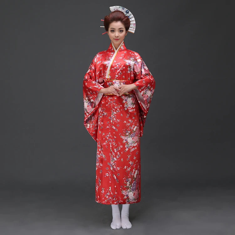 Kimono Femme Traditionnel Satiné Long Manches Trois-Quarts