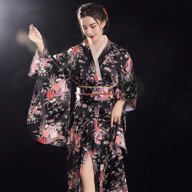 Kimono Femme Long Satiné Style Japonais Traditionnel - Taille Unique