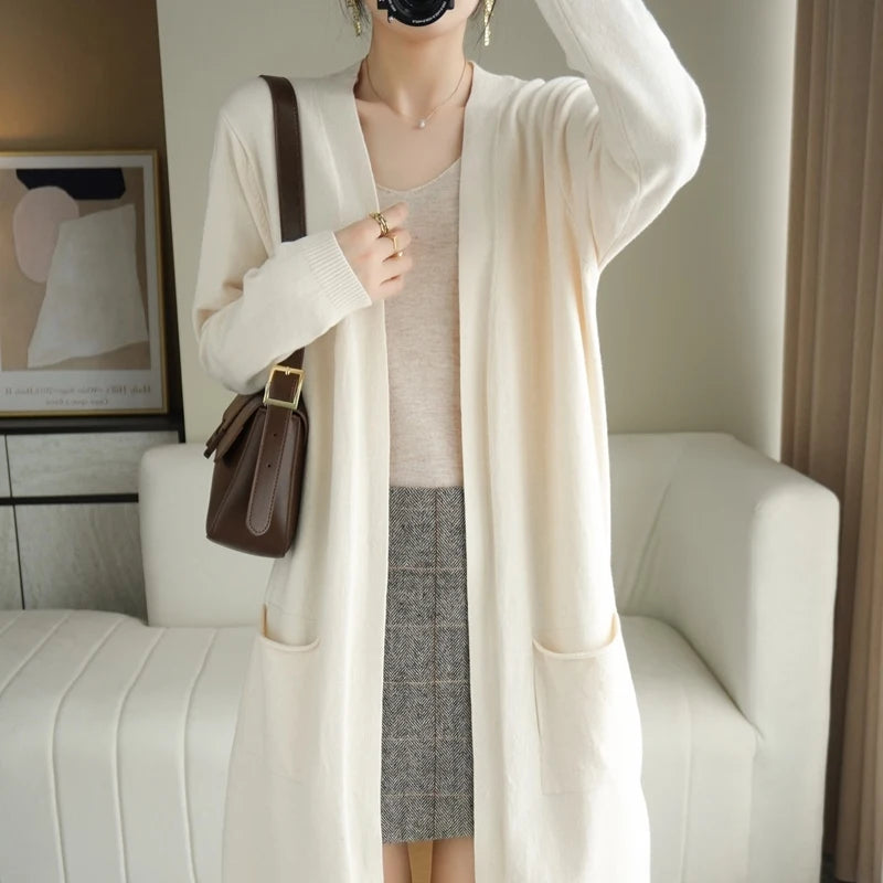 Gilet long en maille pour femme, avec poches