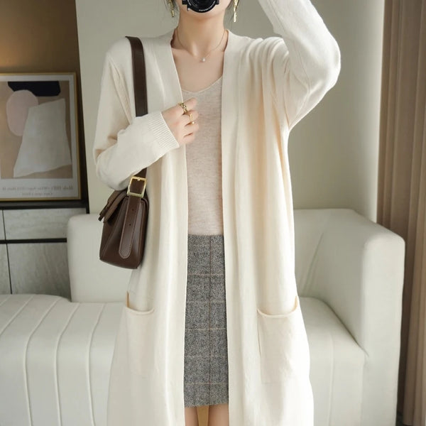 Gilet long en maille pour femme, avec poches