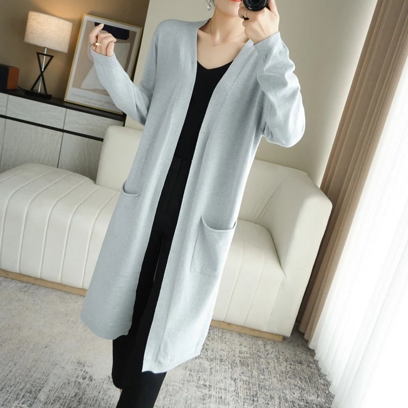 Gilet long en maille pour femme, avec poches