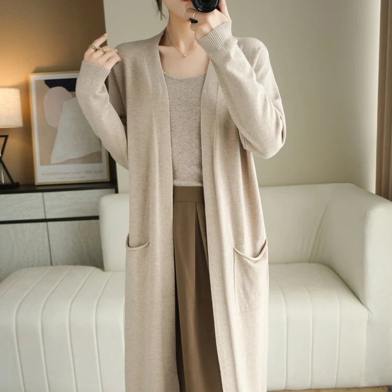 Gilet long en maille pour femme, avec poches