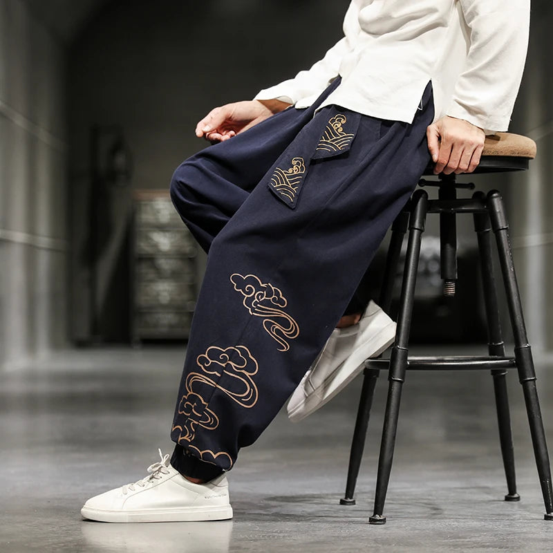 Pantalon Homme Harem Casual en Coton et Lin