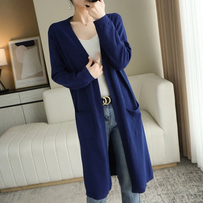 Gilet long en maille pour femme, avec poches