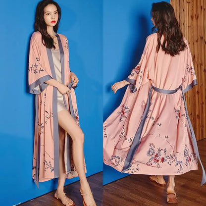 Kimono Long Fleuri Satiné Femme