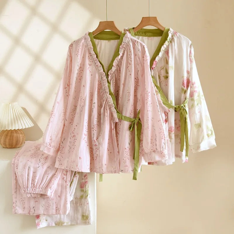 Ensemble Pyjama Long Femme en Coton à Manches Longues et Imprimé Floral