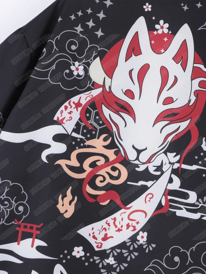 Kimono Court Unisexe Motif Renard - Style Japonais Traditionnel