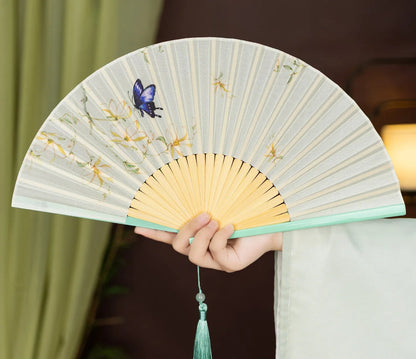 Éventail Japonais Pliant en Soie et Bambou – Motif Nature Rétro