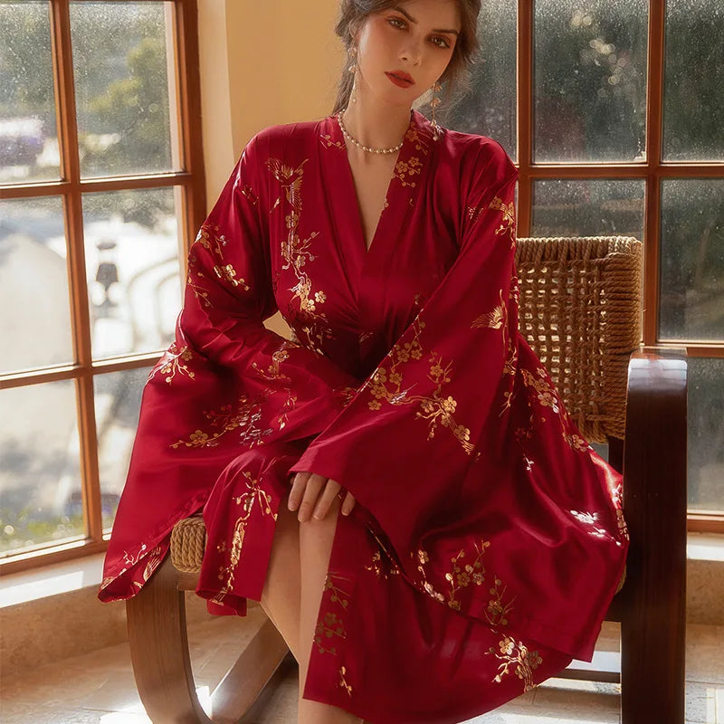 Kimono Long Satiné Imprimé pour Femme - Élégant et Léger