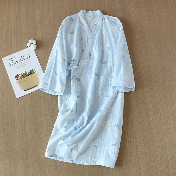 Kimono Chemise de Nuit Femme en Coton Doux Fleuri