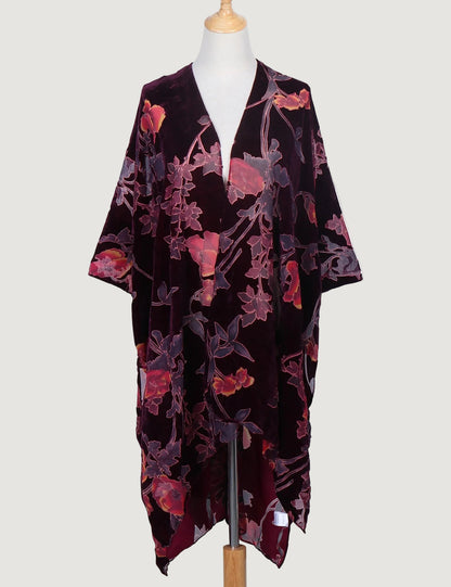 Kimono Court Fleuri en Nylon et Velours
