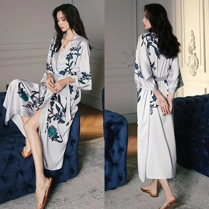 Kimono Long Fleuri en Satin pour Femme