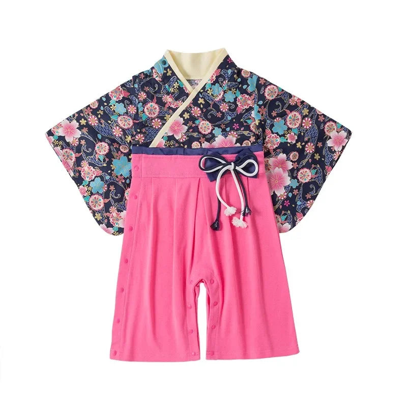 Ensemble Kimono et Pantalon Bébé Fille Style Japonais Fleuri