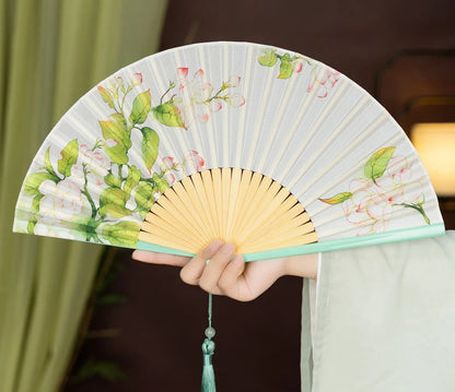 Éventail Japonais Pliant en Soie et Bambou – Motif Nature Rétro