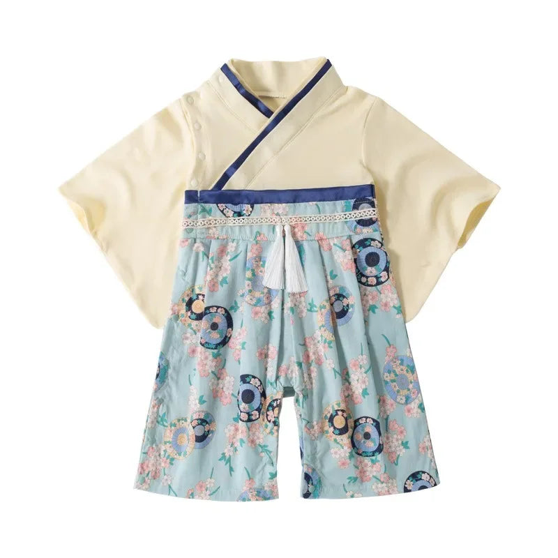 Ensemble Kimono et Pantalon Bébé Fille Style Japonais Floral Doux