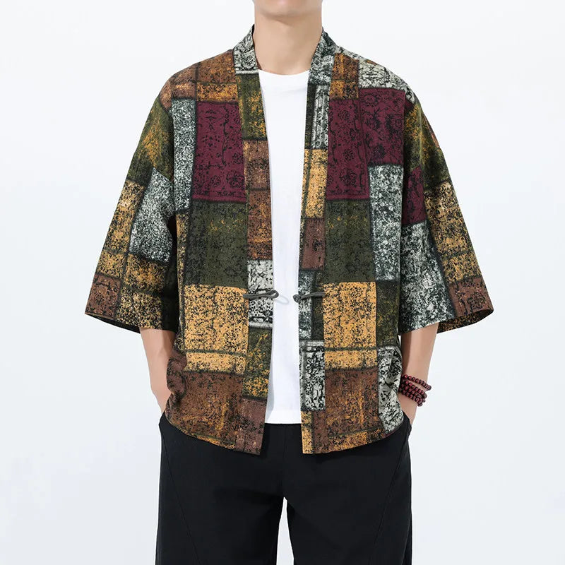 Kimono Court Homme Coton Lin Style Asiatique Manches Trois-Quarts