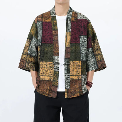 Kimono Court Homme Coton Lin Style Asiatique Manches Trois-Quarts
