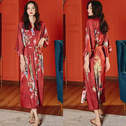 Kimono Long Fleuri en Satin - Style Vintage