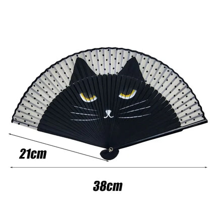 Éventail Pliant en Bambou Motif Chat - Style Japonais, Décoratif et Portable