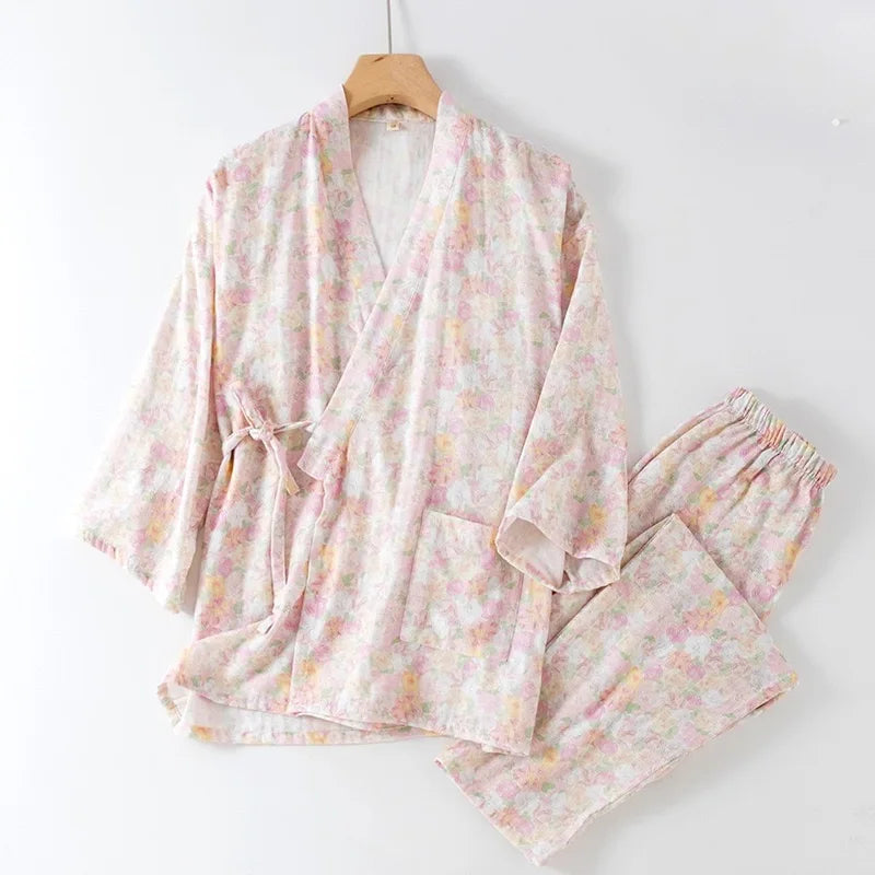Pyjama Femme en Coton à Manches Courtes et Motif Floral