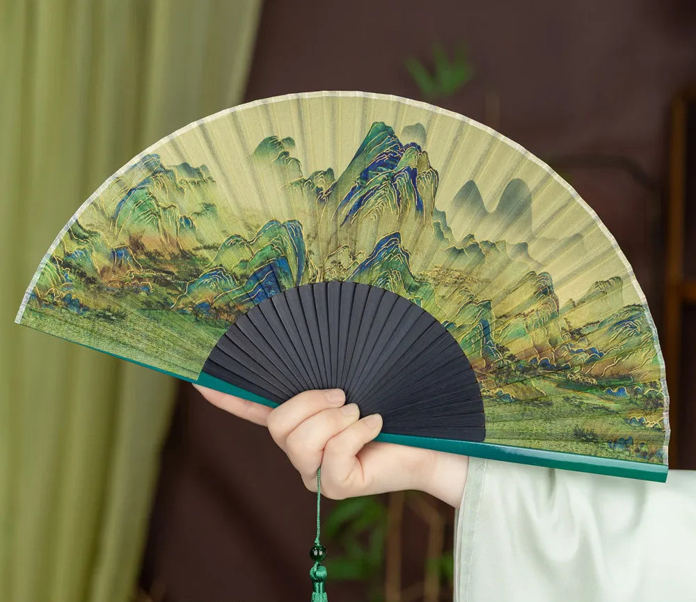 Éventail Japonais Pliant en Soie et Bambou – Motif Nature Rétro