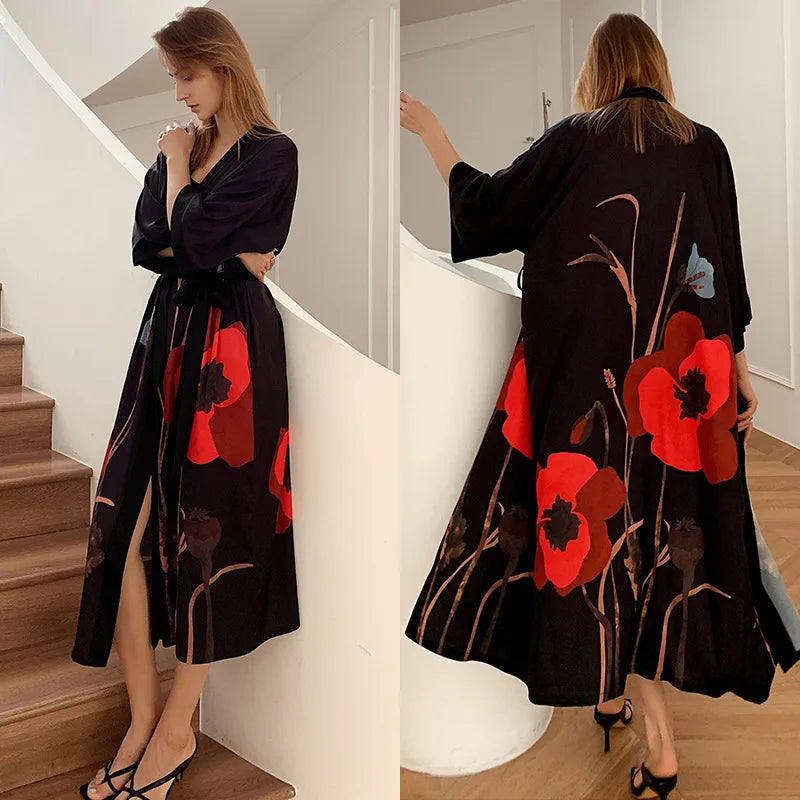 Kimono Long Satin Fleuri Femme - Robe de Chambre Douce et Soyeuse