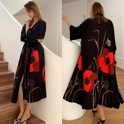 Kimono Long Satin Fleuri Femme - Robe de Chambre Douce et Soyeuse
