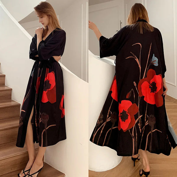 Kimono Long Satin Fleuri Femme - Robe de Chambre Douce et Soyeuse