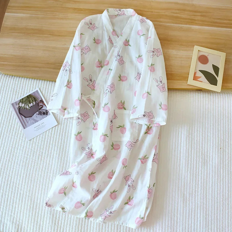 Kimono Chemise de Nuit en Coton pour Femme - Motif Lapin Cartoon
