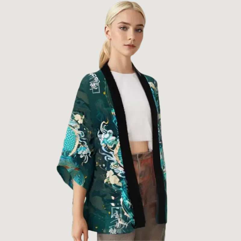 Kimono Court Mixte Style Japonais Dragon Vert
