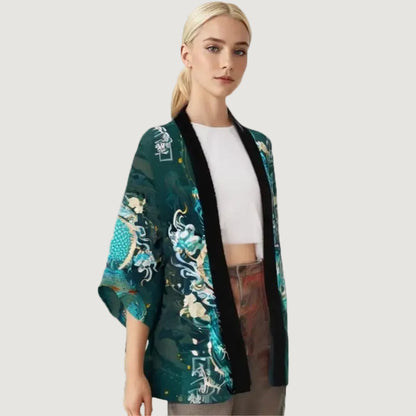 Kimono Court Mixte Style Japonais Dragon Vert