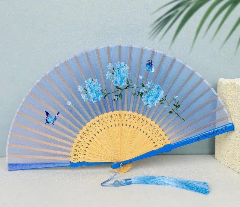 Éventail Japonais Pliant en Soie et Bambou – Motif Nature Rétro
