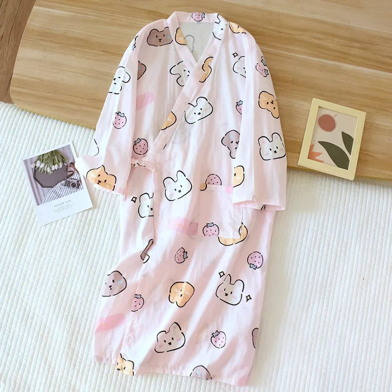 Kimono Chemise de Nuit Femme Coton Motif Cartoon