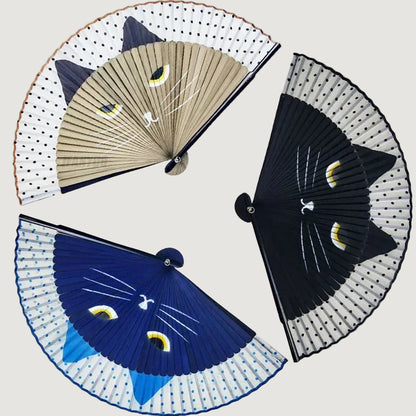 Éventail Pliant en Bambou Motif Chat - Style Japonais, Décoratif et Portable