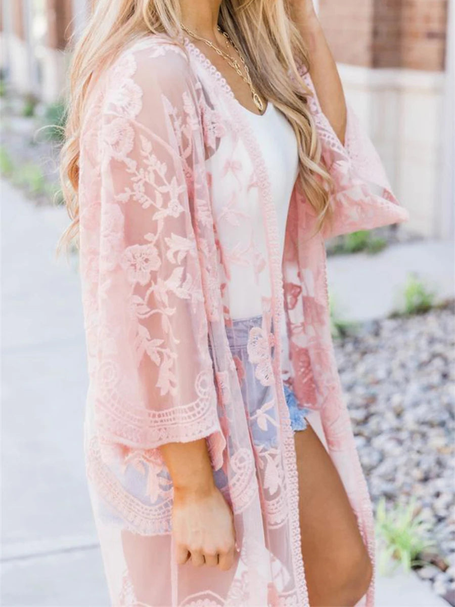 Kimono Mi-long Femme Style Bohème Chic - Transparent et Fleuri