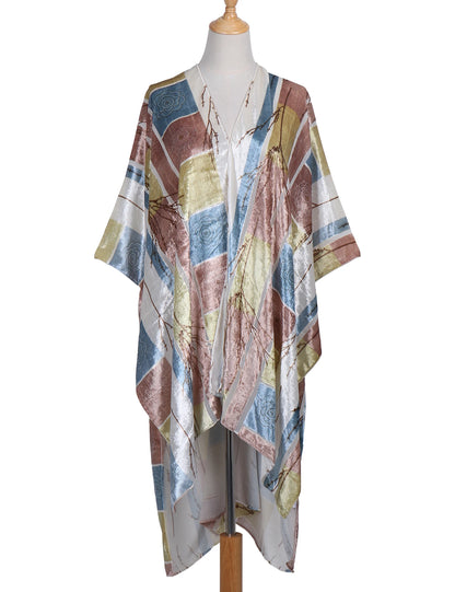 Kimono Court Fleuri en Nylon et Velours