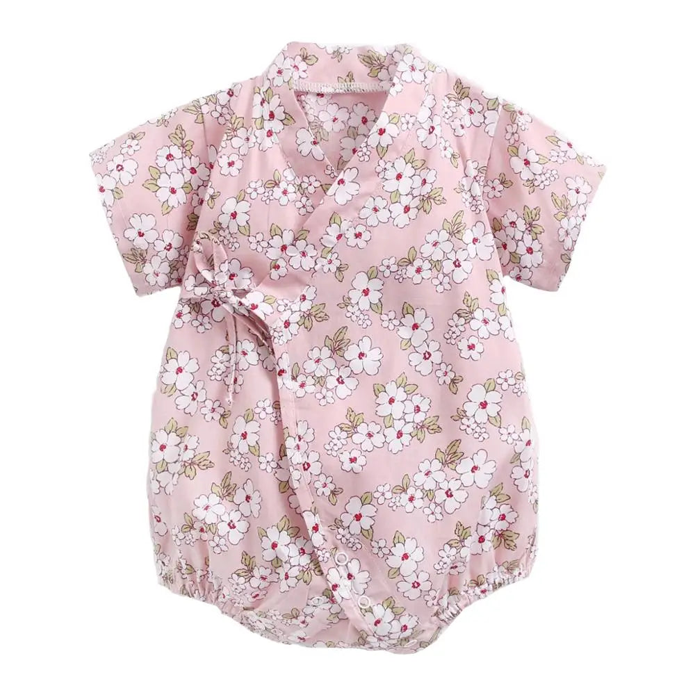 Barboteuse Bébé Fille Fleurie en Coton - Manches Courtes pour l'Été
