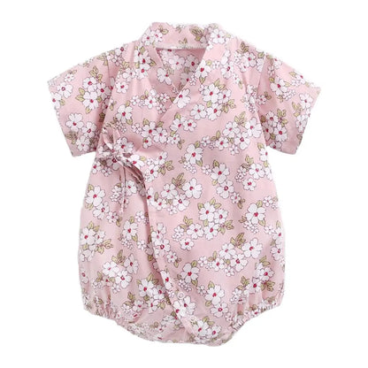 Barboteuse Bébé Fille Fleurie en Coton - Manches Courtes pour l'Été